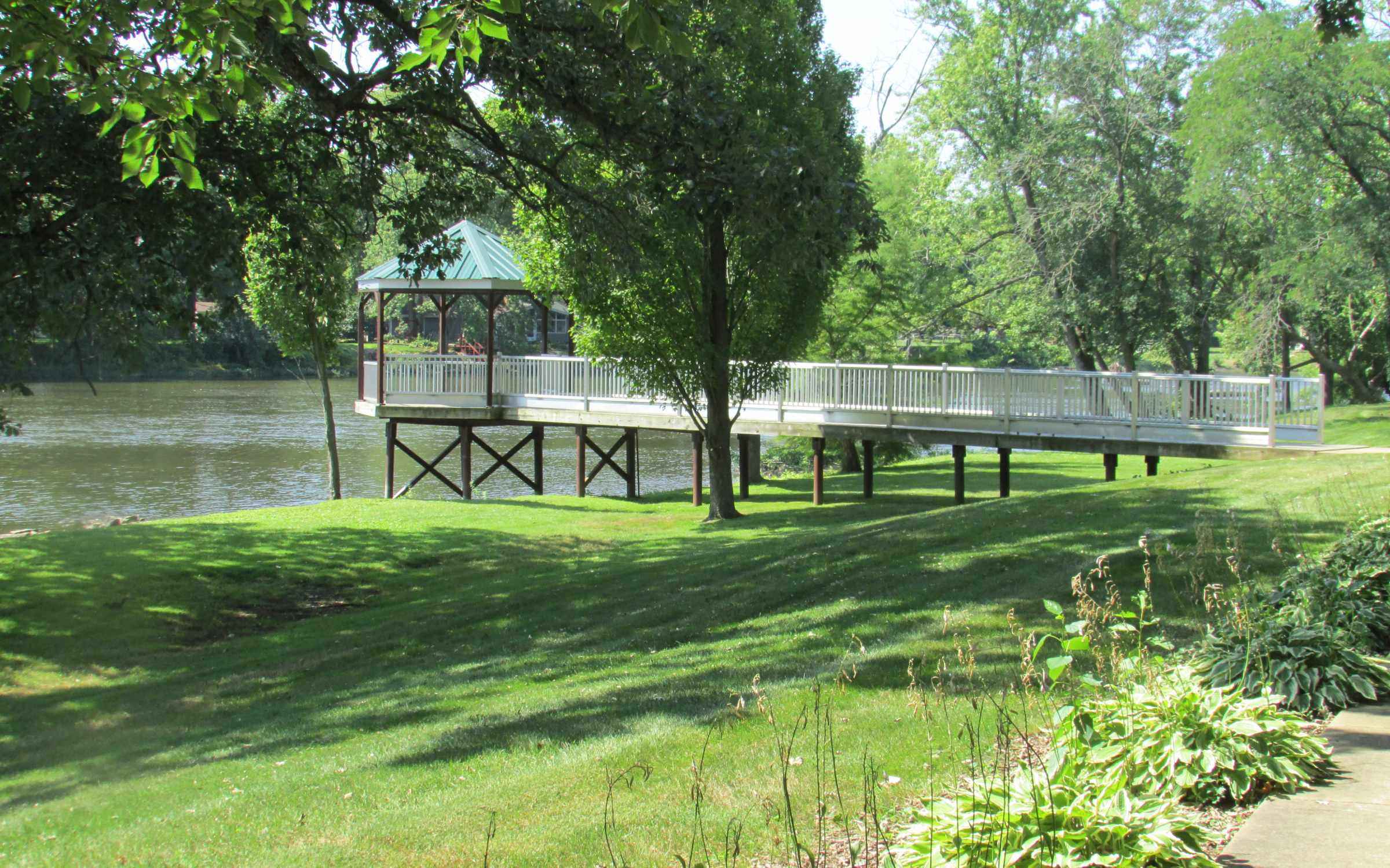 A riverside gazebo and walkway on the Kankakee at Momence today